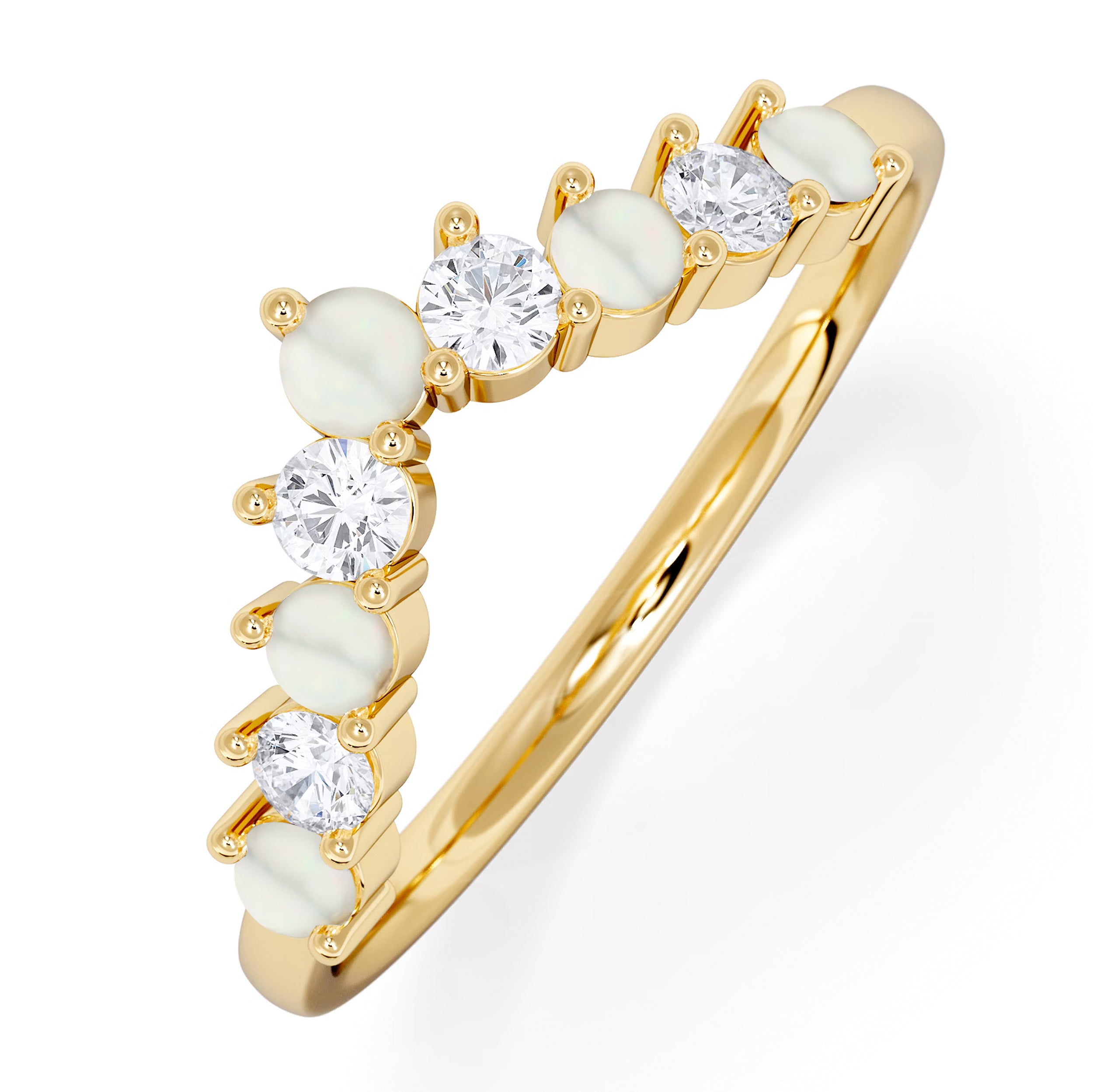 Opal and Lab Diamond Wishbone Ring in 9K Yellow Gold
